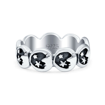 Crescent Moon & Stars Oxidized Band Solid 925 Sterling Silver Thumb Ring (7mm)